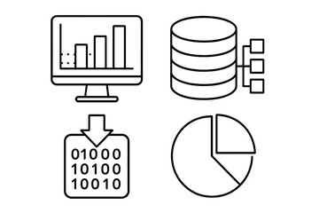 Data analysis and analytics line icon set. Business intelligence, big data processing, and statistics visualization concept. Vector database, chart, graph, and binary code icons.