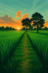 A serene countryside landscape featuring a narrow dirt path cutting through a lush green rice field. Tall grasses line both sides of the path, leading the viewer’s eye toward the horizon where the sun