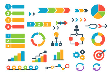 Big set of infographic elements for data visualization. Vector design template with steps, business process diagrams, workflow charts, flowcharts, timelines, and graphs.