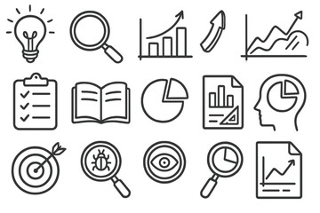 Business analysis line icon set. Data analytics and statistics graphic elements. Marketing research, strategy, growth and success concepts for infographic vector design.