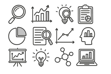 Business analysis and data research icon set. Vector line art illustration. Icons for marketing report, financial growth chart, statistics, and business strategy idea.