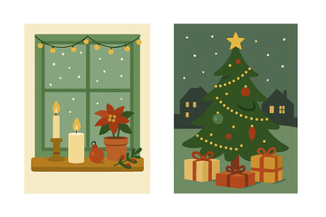 Christmas holiday poster set. Vector flat illustration. Festive winter scenes with Christmas tree, gifts, cozy window, candles, poinsettia. For greeting card, cover, brochure.