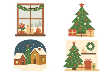 Christmas holiday vector illustration set. Cozy home scenes with festive tree, gifts, decorated window, and winter village. Modern flat design for card or poster. Xmas.