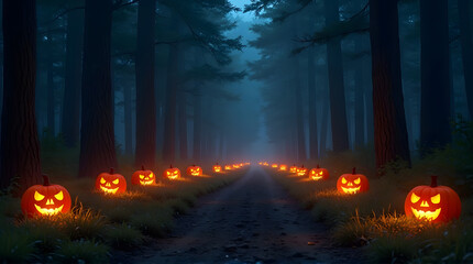 Naklejka premium A long path winds through a dark, misty forest, lined with glowing jack-o'-lanterns on either side. This spooky and atmospheric scene perfectly captures the mystery and excitement of Halloween night.