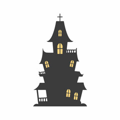 Spooky Silhouette Haunted House with Cross and Lit Windows Illustration