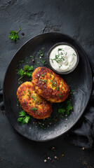 Delicious golden cutlets served on a dark plate with a creamy sauce