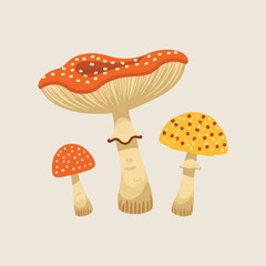 UK Fungus Day vector artwork with whimsical toadstool fairy houses, forest mushrooms, spore bursts, and seamless mushroom pattern in flat minimalist solid colors
