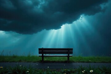 Fototapeta premium Empty Park Bench Under a Stormy Sky Anticipation and Peaceful Waiting Before the Rain