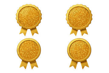Golden rosette labels set with glitter texture. Gold award seal with ribbon. Prize medal for winner. Premium quality badge collection. Best choice for certificate design.