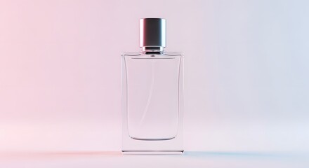 A minimalist empty clear glass perfume bottle with a silver cap against a soft pink and blue gradient background.