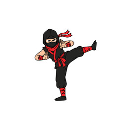 Cartoon Ninja Kicking with Red Accents and Black Suit