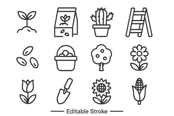 Gardening and farming line icon set. Vector collection of plant, flower, and agriculture symbols like sprout, seeds, fruit tree, harvest basket, trowel, corn, and cactus.
