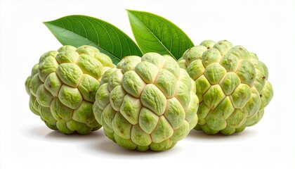 Obraz premium Describe a ripe custard apple with a bumpy green surface, short stem, and two attached leaves, placed on a white background. Highlight its tropical origin, unique texture, and sweet appeal.