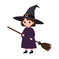 Cute Flat Illustration Witch Girl with Broom for Halloween Celebration Element