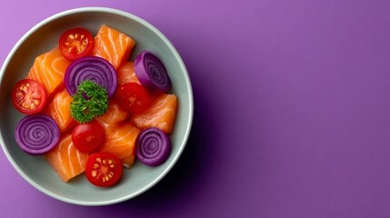 A bowl of fresh salmon slices with red onions and cherry tomatoes on a purple background