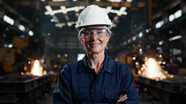 Middle aged female industrial engineer in a hard hat and safety glasses smiling confidently while glancing towards the camera. Sparks flying in the background add a touch of energy to the scene