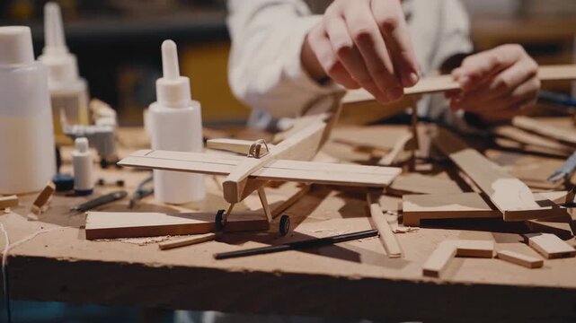 Boy carefully gluing balsa wood model airplane on a workshop table, focused on assembling partshands on crafting that builds creativity, patience, and fine motor skills