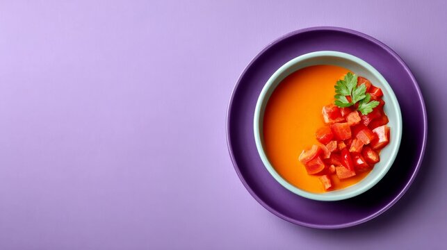 A bowl of orange soup topped with diced red peppers and a sprig of parsley, placed on a purple plate against a purple background