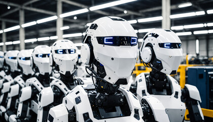 close up row of white androids with illuminated visors in industrial factory