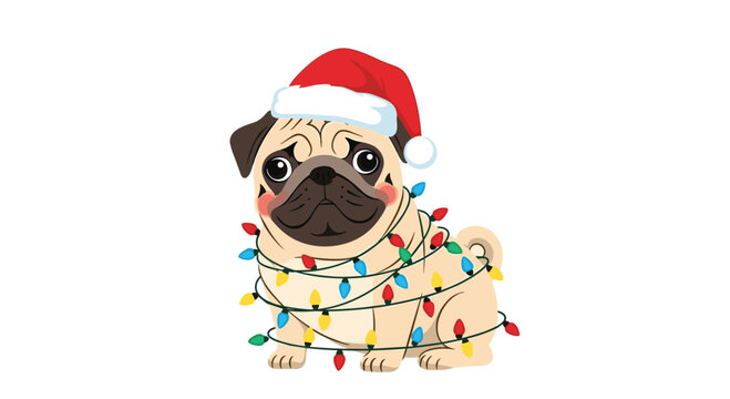 A cute pug dog wearing a Santa hat tangled in colorful Christmas lights.