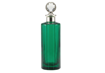 Elegant emerald green glass decanter isolated, vintage liquor bottle with crystal stopper on transparent background