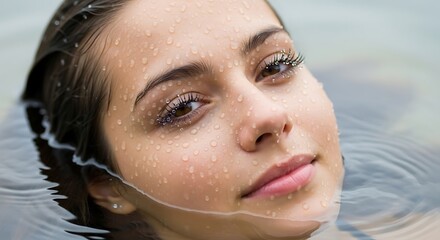 Naklejka premium Serene Woman Immersed in Water - A Portrait of Tranquility.