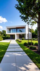 Modern house with a paved walkway