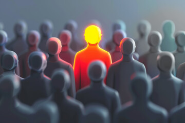 One colorful glowing figure among grey silhouettes, concept of individuality and uniqueness