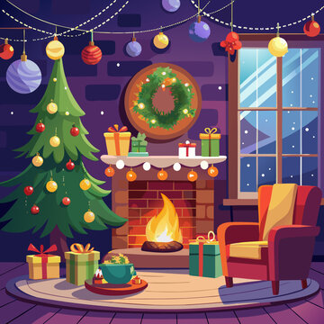 Elegant Christmas home interior with glowing fireplace, decorative stockings, golden candles, festive garland, and illuminated Christmas tree, cozy winter evening holiday celebration vector artwork