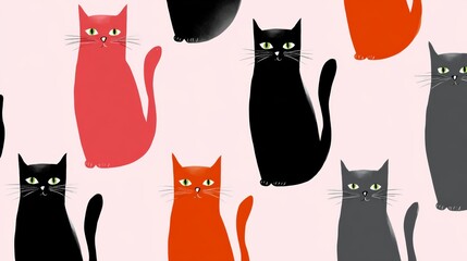 A playful pattern featuring colorful cartoon cats in various poses, including red, black, and gray cats against a light pink background