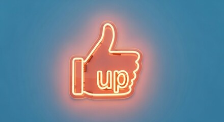 Obraz premium Neon Thumbs Up Symbol Glowing with the Word Up Illuminated Inside Against a Bright Blue Background Representing Approval and Positivity