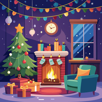 Traditional cozy Christmas living room interior with glowing fireplace, hanging stockings, decorated pine tree, candles, garland, and warm lights, peaceful festive winter night vector illustration