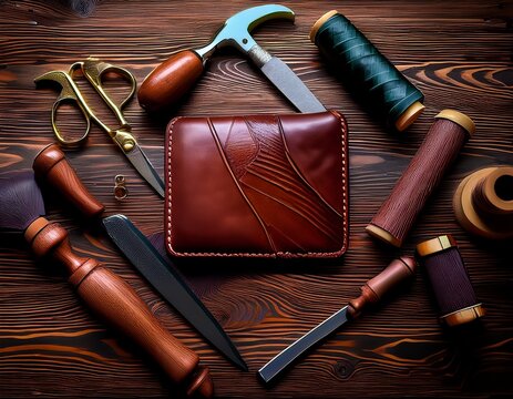 Leather crafting tools displayed on a wooden surface, featuring a leather wallet and various instruments for artisan work.