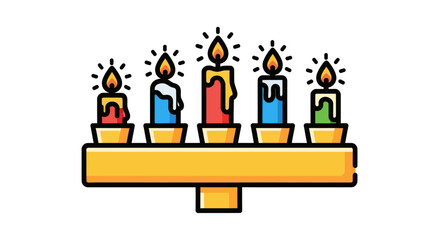 Obraz premium Five Colorful Lit Candles on a Golden Candlestick Icon.