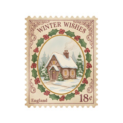 Obraz premium Vintage Winter Cottage Postage Stamp Illustration