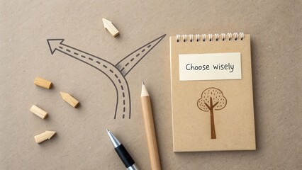 Notebook with Choose Wisely message and a Y shaped road sketch