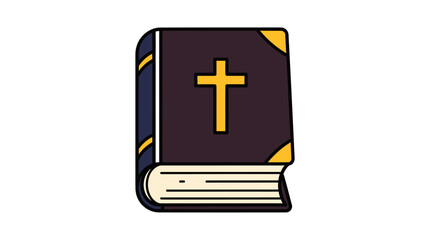 Fototapeta premium A simple cartoon illustration of a dark Holy Bible with a prominent golden cross on the cover.