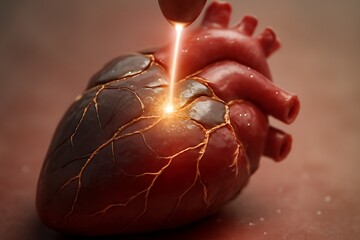 Dynamic energy beam activates glowing cracked heart, symbolizing healing, recovery, and breakthrough medical advancements.