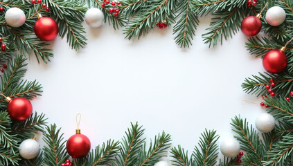 a frame of Christmas decorations, balls, fir branches, on a white background