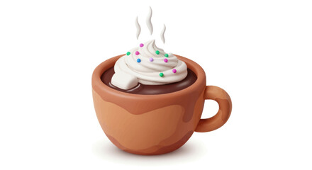 Steaming Hot Chocolate in Clay Mug with Whipped Cream and Sprinkles.