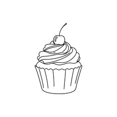 Simple Line Art Illustration of a Cupcake with Cherry