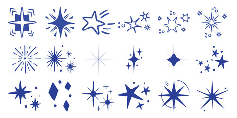 Collection of Blue Hand-Drawn Starburst and Sparkle Icons