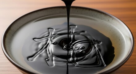 Black Molasses Syrup Pouring Into Bowl Sweetener Condiment Ingredient Cooking Recipe