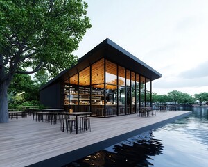 Lakefront coffee shop with industrial farmhouse design, soft landscaping, and peaceful outdoor deck