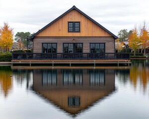 Elevated lakeside coffee shop with rustic wooden siding, wide deck, and scenic water reflections