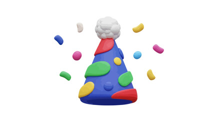 Colorful 3D Rendered Party Hat with Confetti Decorations.