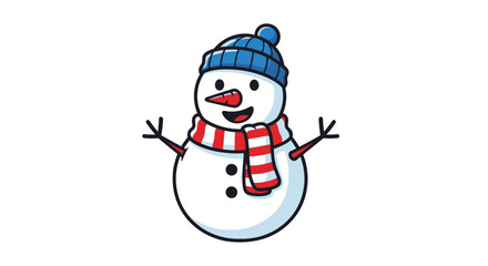 Cartoon Snowman with Blue Hat and Striped Scarf.