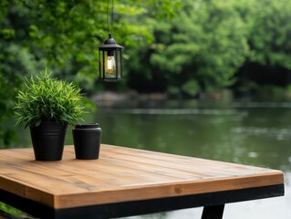 Coffee shop with blackandwood farmhouse design, hanging lanterns, and peaceful waterside setting