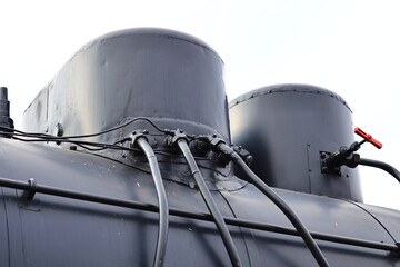 A detailed view of a train's engine part