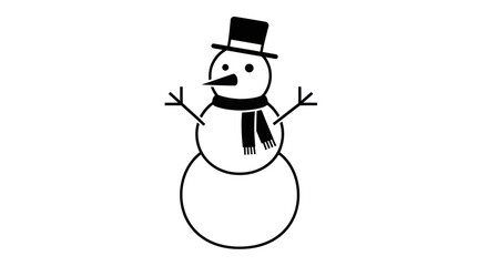 Simple Black and White Cartoon Snowman with Top Hat.